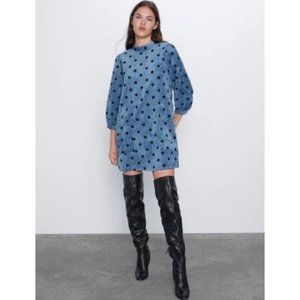 NWOT! ZARA Navy Blue + Black Polka Dot High-Neck Corduroy Mini Shift Dress - M